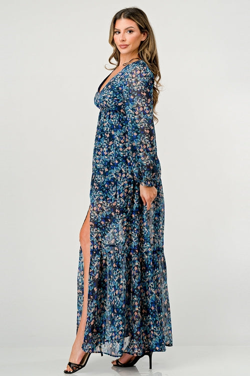 V neck long sleeve slit front tiered maxi dress