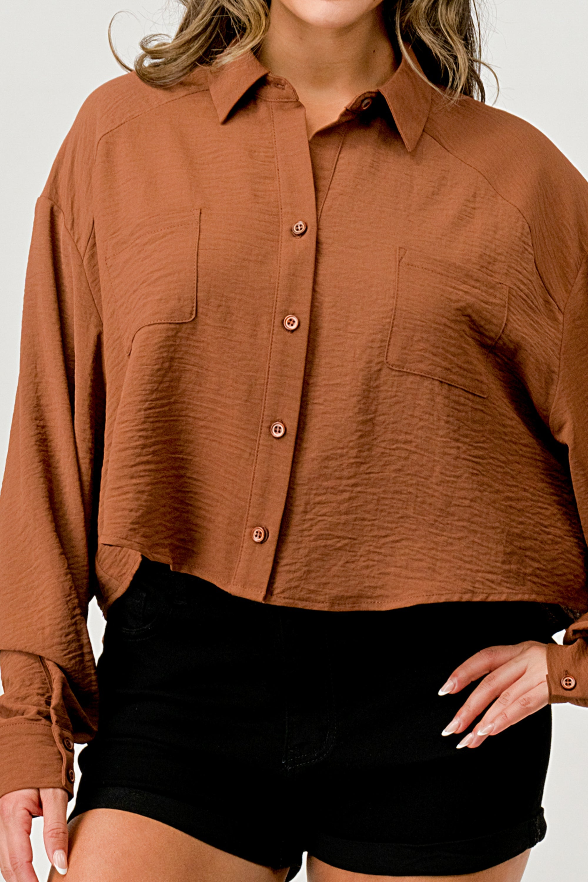 Loose fit solid woven shirt top with button front