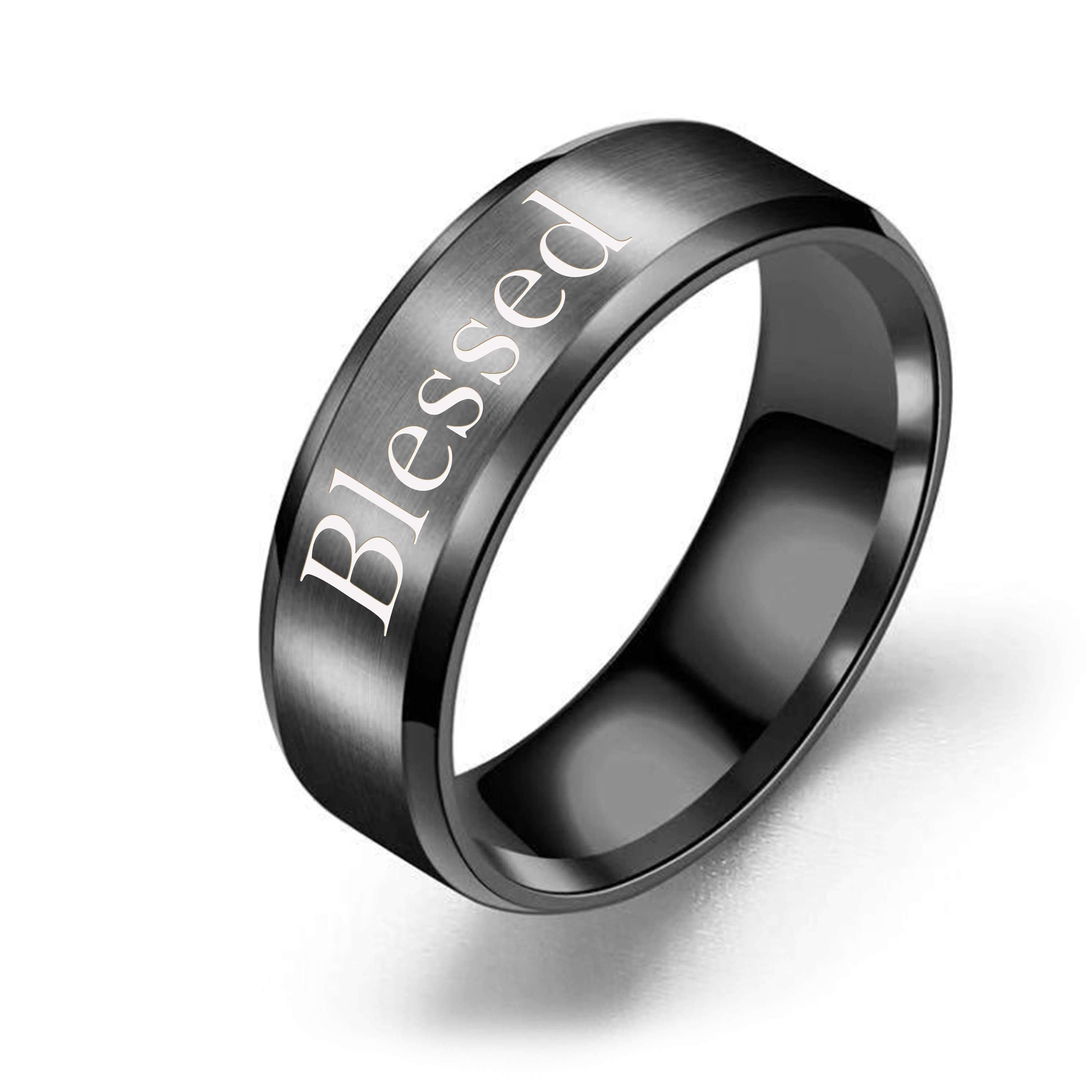 8mm Solid Stainless Steel Comfort Fit Ring in Black - Blessed