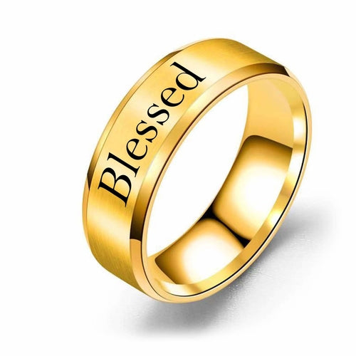 8mm Solid Stainless Steel Comfort Fit Ring in Black - Blessed