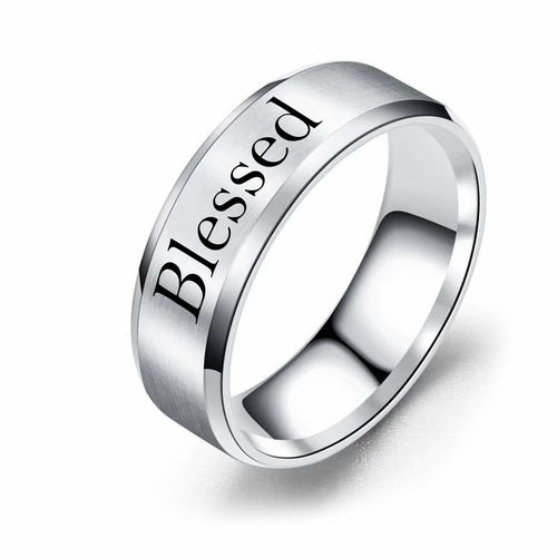 8mm Solid Stainless Steel Comfort Fit Ring in Black - Blessed