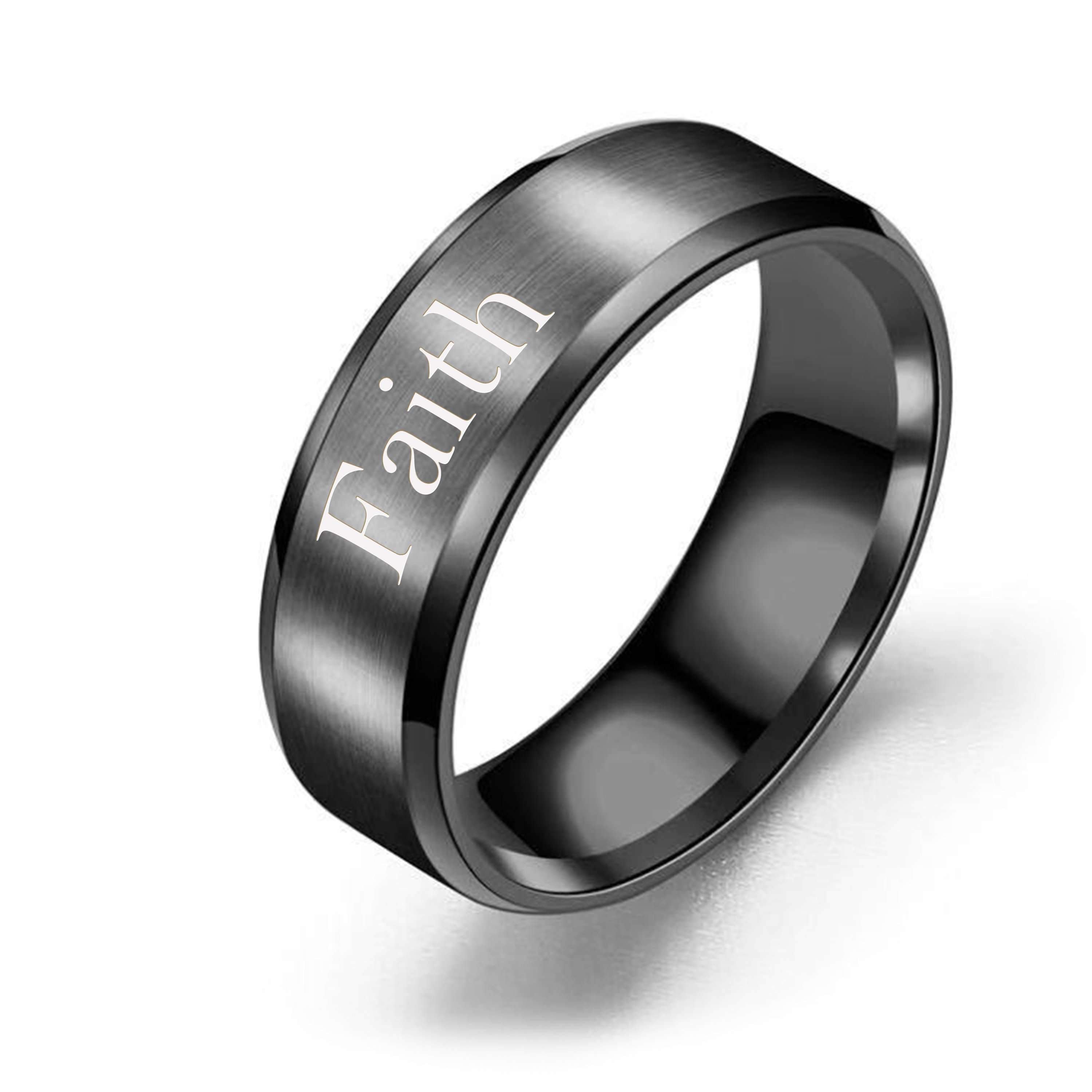 8mm Solid Stainless Steel Comfort Fit Ring in Black - Faith