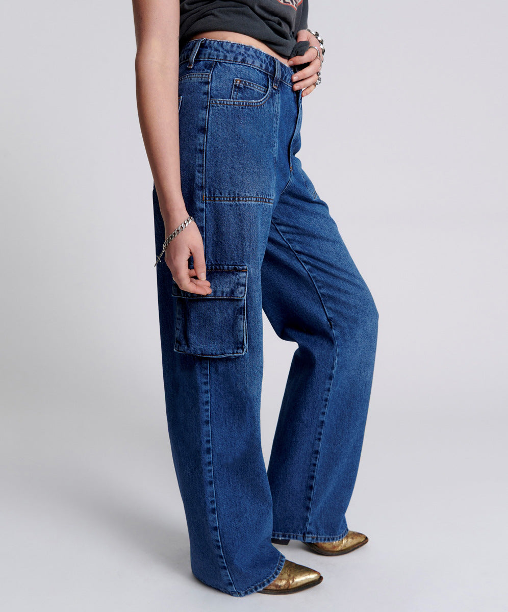 Multi Bag Denim Women High Waist Tooling Pants Loose Washed Denim