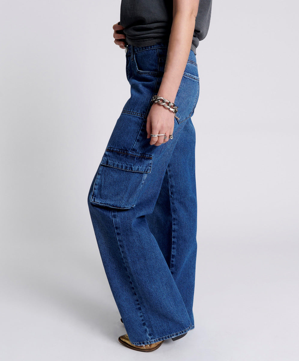 Multi Bag Denim Women High Waist Tooling Pants Loose Washed Denim