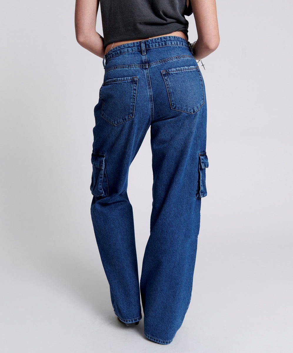 Multi Bag Denim Women High Waist Tooling Pants Loose Washed Denim