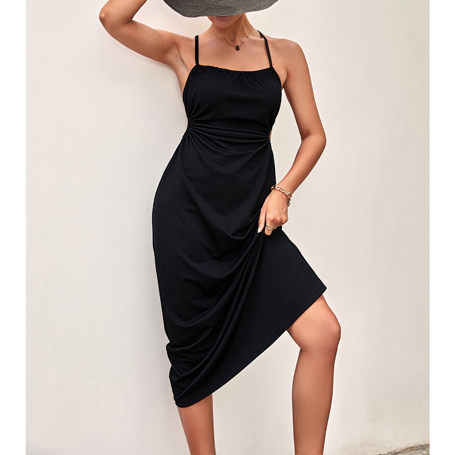 Women Clothing Side Pleating Sexy Solid Color Cami Dress