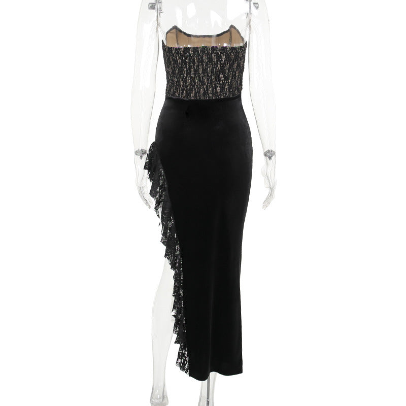 Sexy Lace Velvet Stitching Dress Autumn Tube Top Split Dress