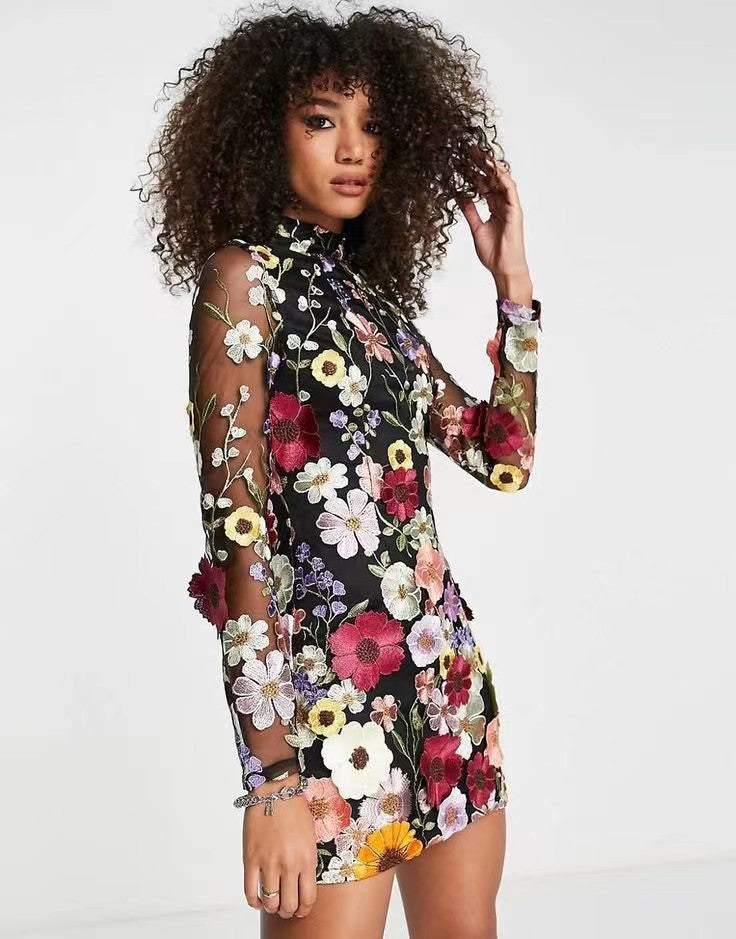 Women Three Dimensional Floral Sheath Sexy Dress for Spring Summer