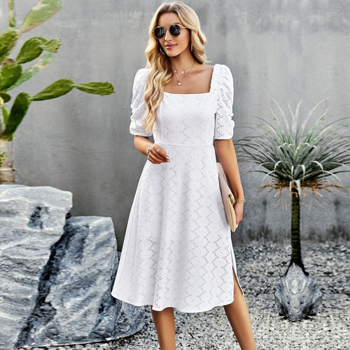 Solid Color Square Collar Dress Summer Elegant Short Sleeve Dress