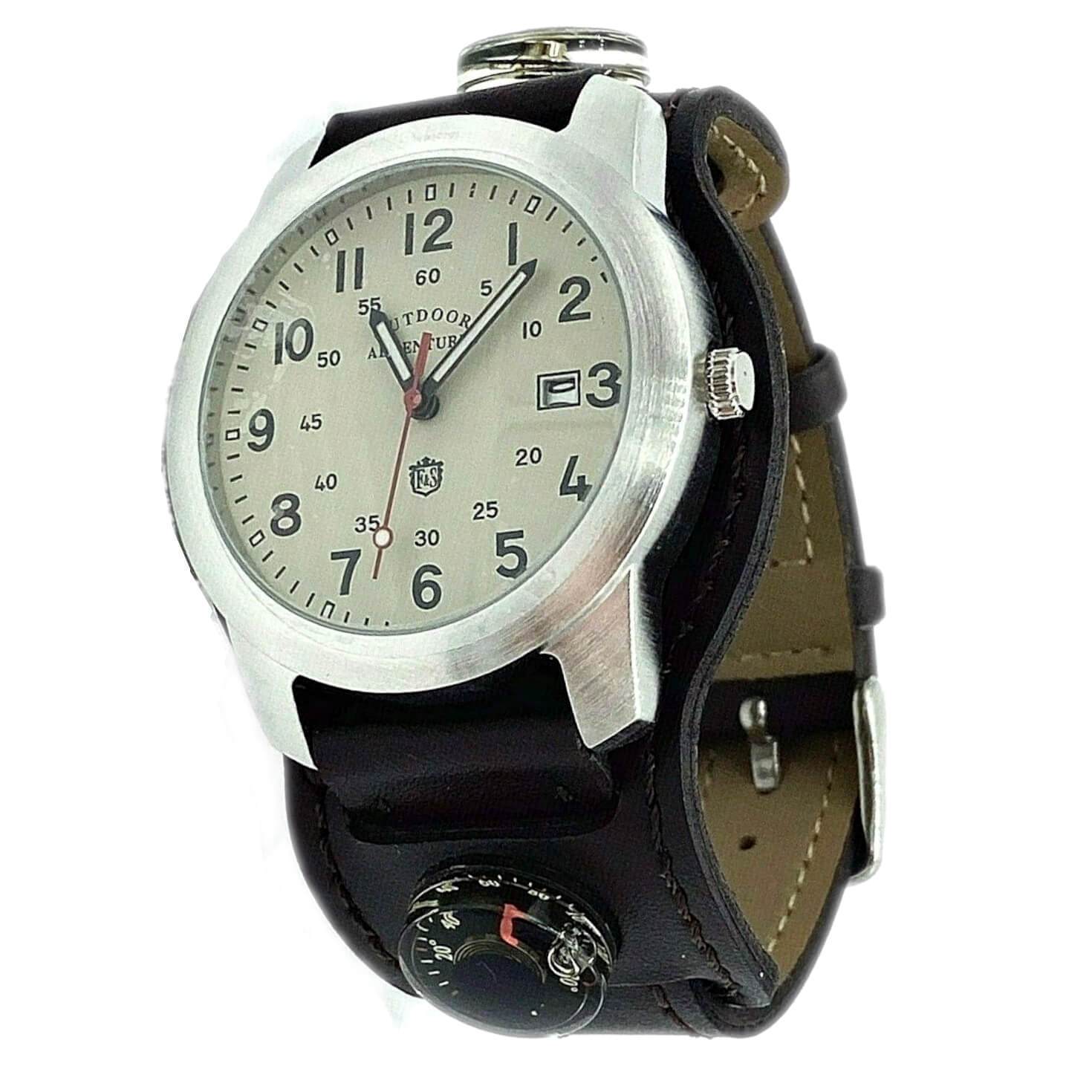 Field & Stream Men's Outdoor Brown Leather Compass Thermometer Watch