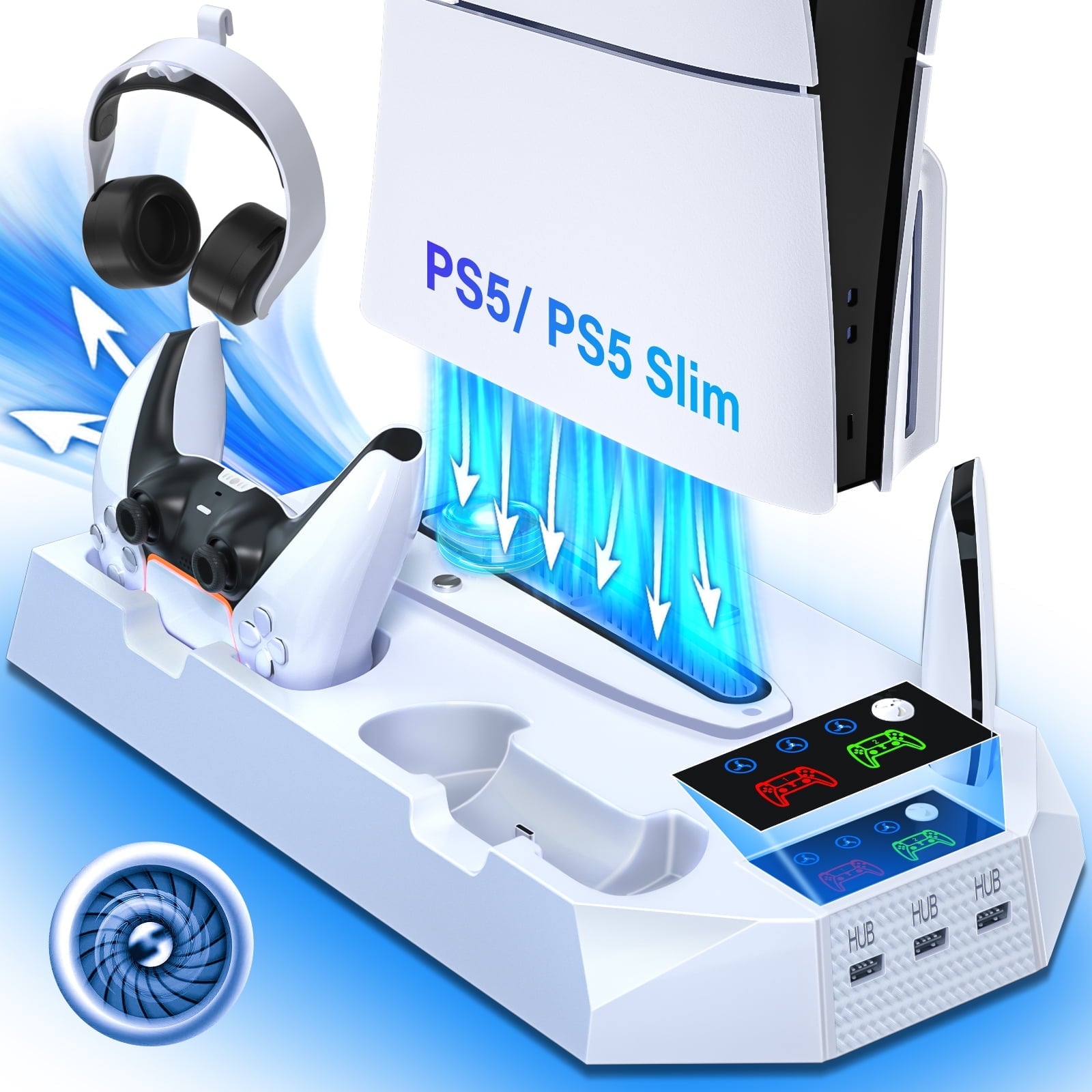 PS5 Stand with Cooling Fan, PS5 Cooling Station with Dual Controller Charging Station for PS5 Pro/Slim/Standard Disc/Digital Console - 3 Levels Adjustable Fan/3 USB Hubs, White