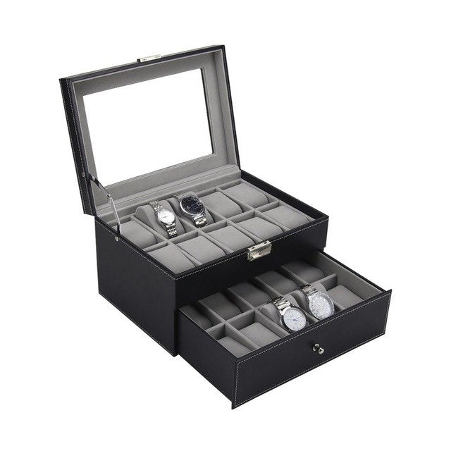 PU Leather Double Layers 20 Grids Slots Watch Box