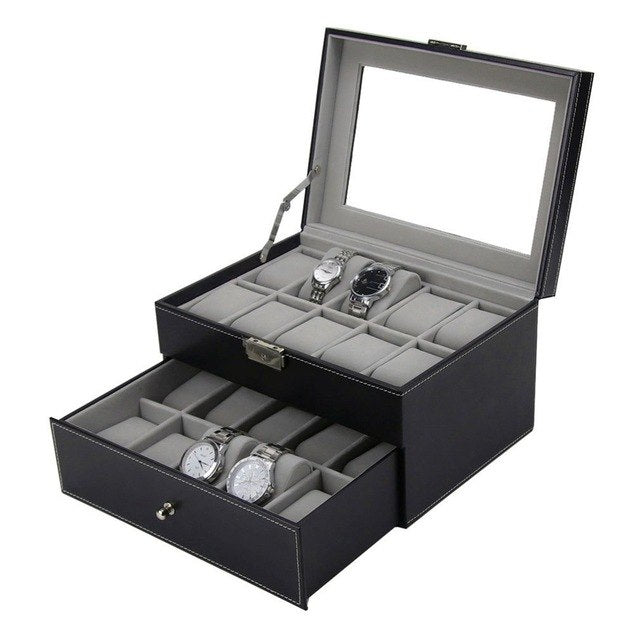 PU Leather Double Layers 20 Grids Slots Watch Box