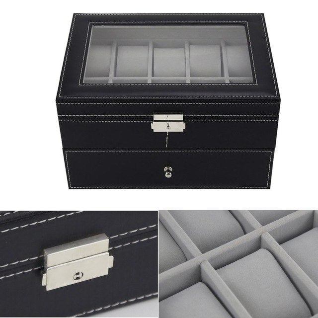 PU Leather Double Layers 20 Grids Slots Watch Box