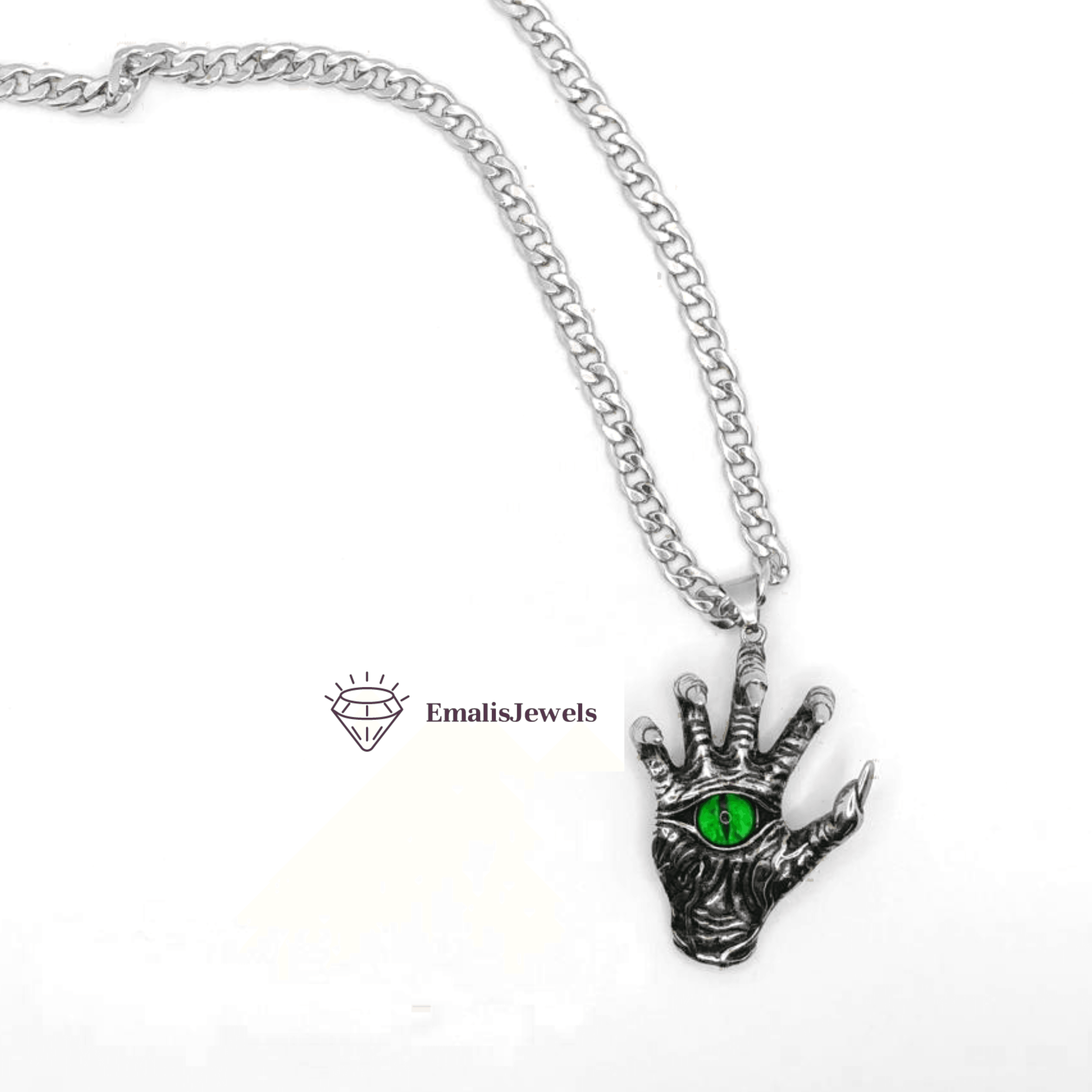 Stainless Steel Chain Necklace and Stainless Steel Hand/Green Eye