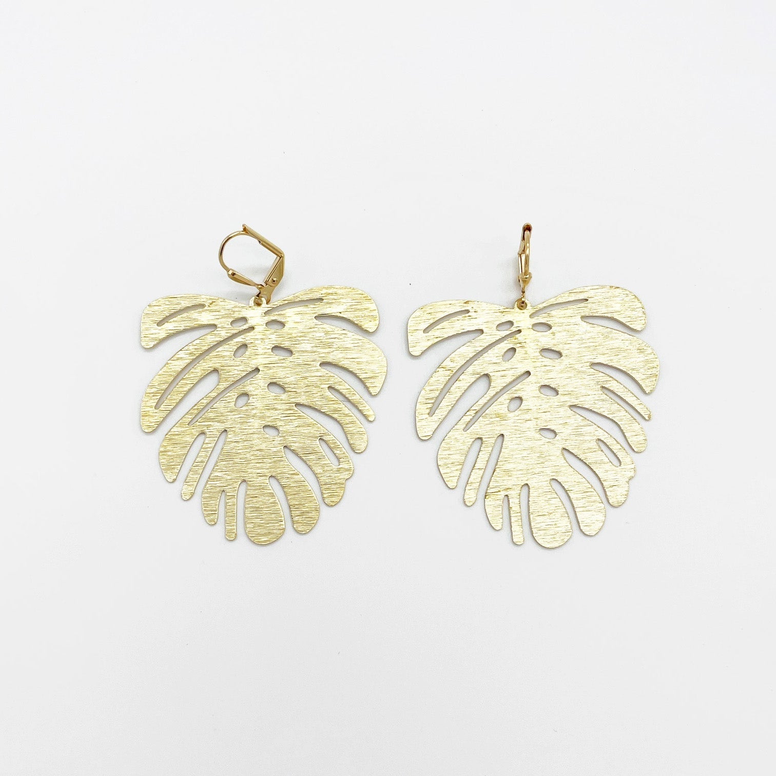 Monstera Dangle Statement Earrings in Brushed Brass