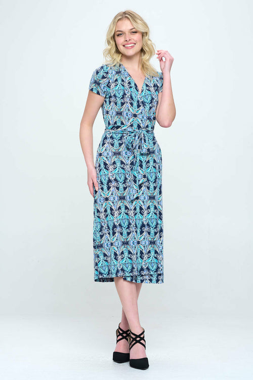 Print V neck Jersey Wrap Dress with Tie