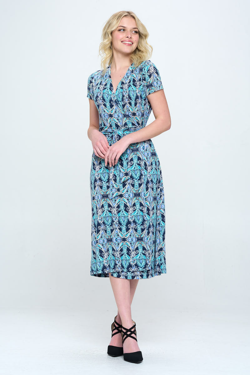 Print V neck Jersey Wrap Dress with Tie