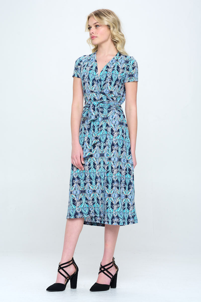 Print V neck Jersey Wrap Dress with Tie