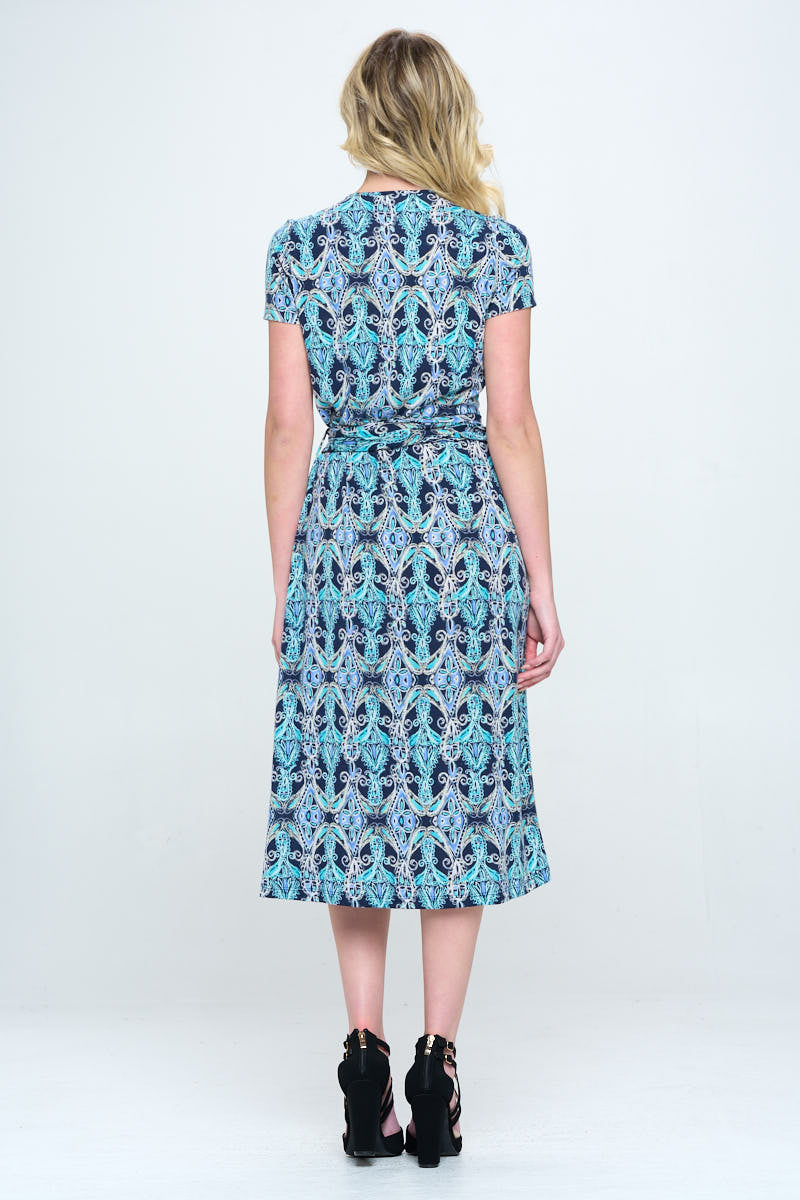 Print V neck Jersey Wrap Dress with Tie