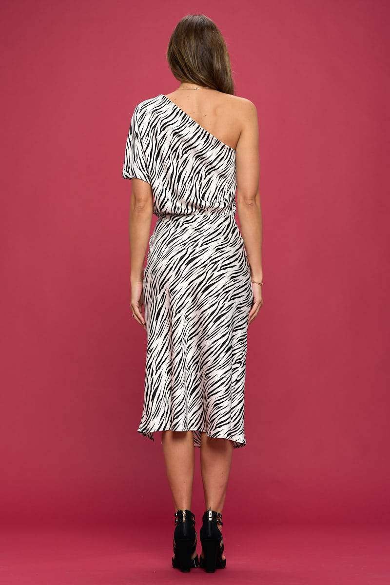 Animal Print Stretch Satin One Shoulder Dress