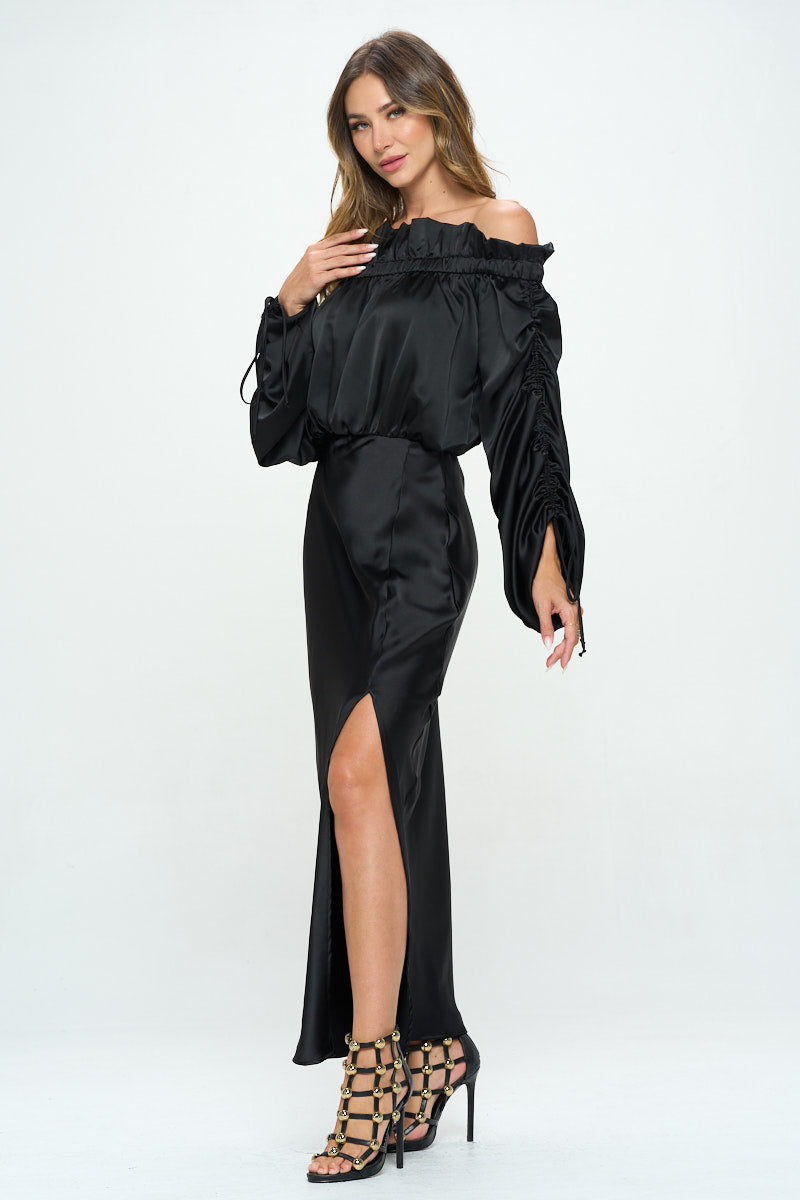 Satin Offshoulder Dress w/Ruched Sleeve and Slit