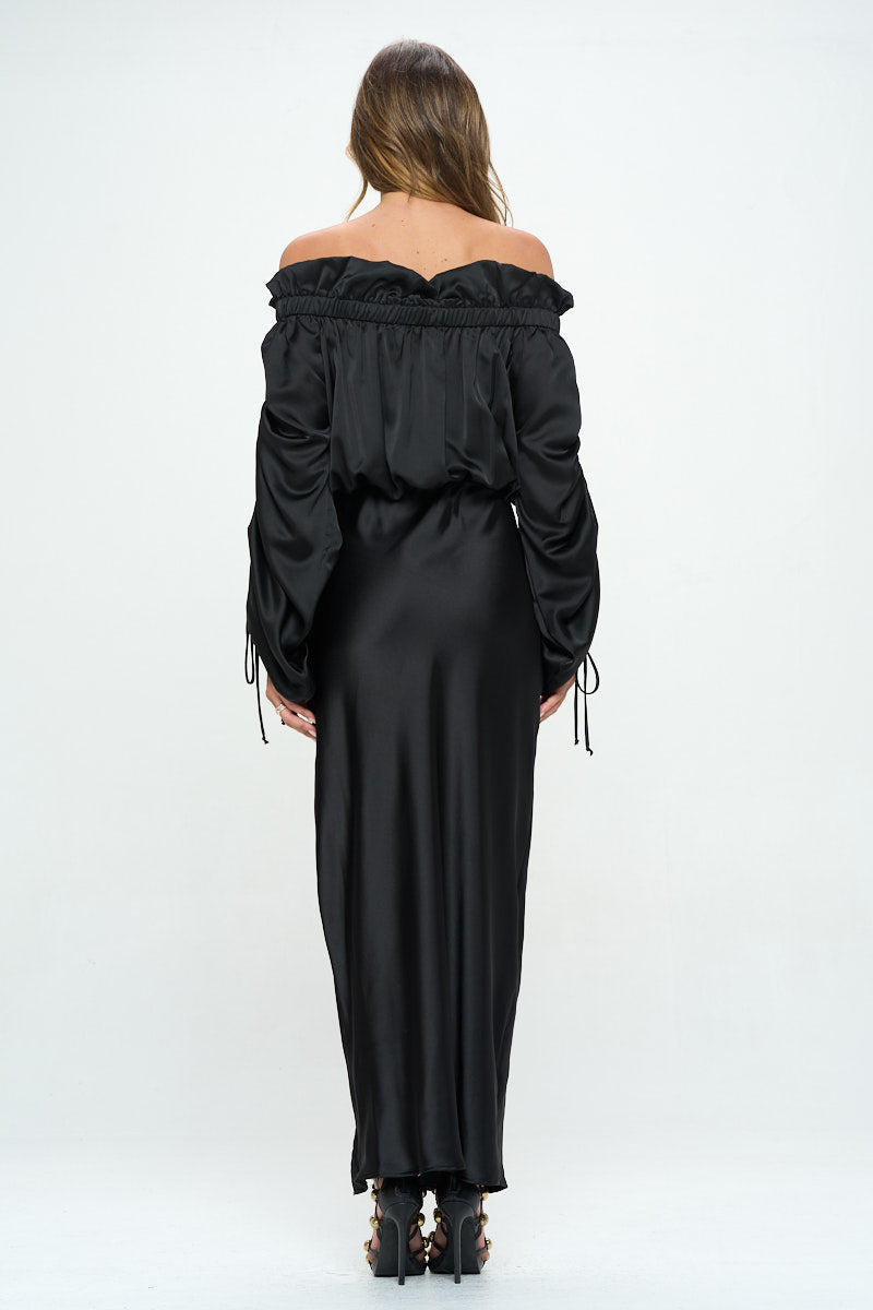 Satin Offshoulder Dress w/Ruched Sleeve and Slit