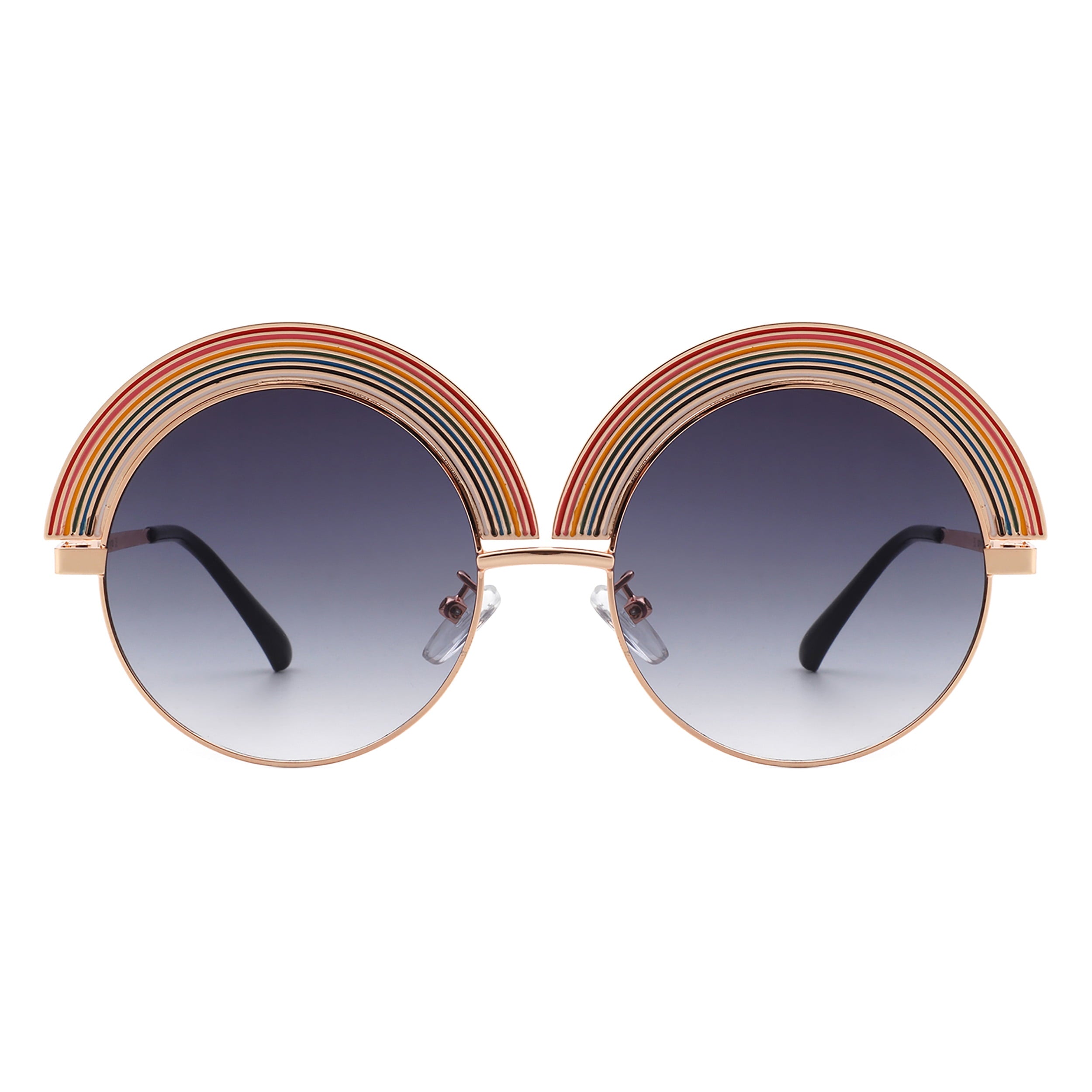 Rainbow Top Sunglasses Gold Round Circle Oversized Festival Shades UV 400 Smoke