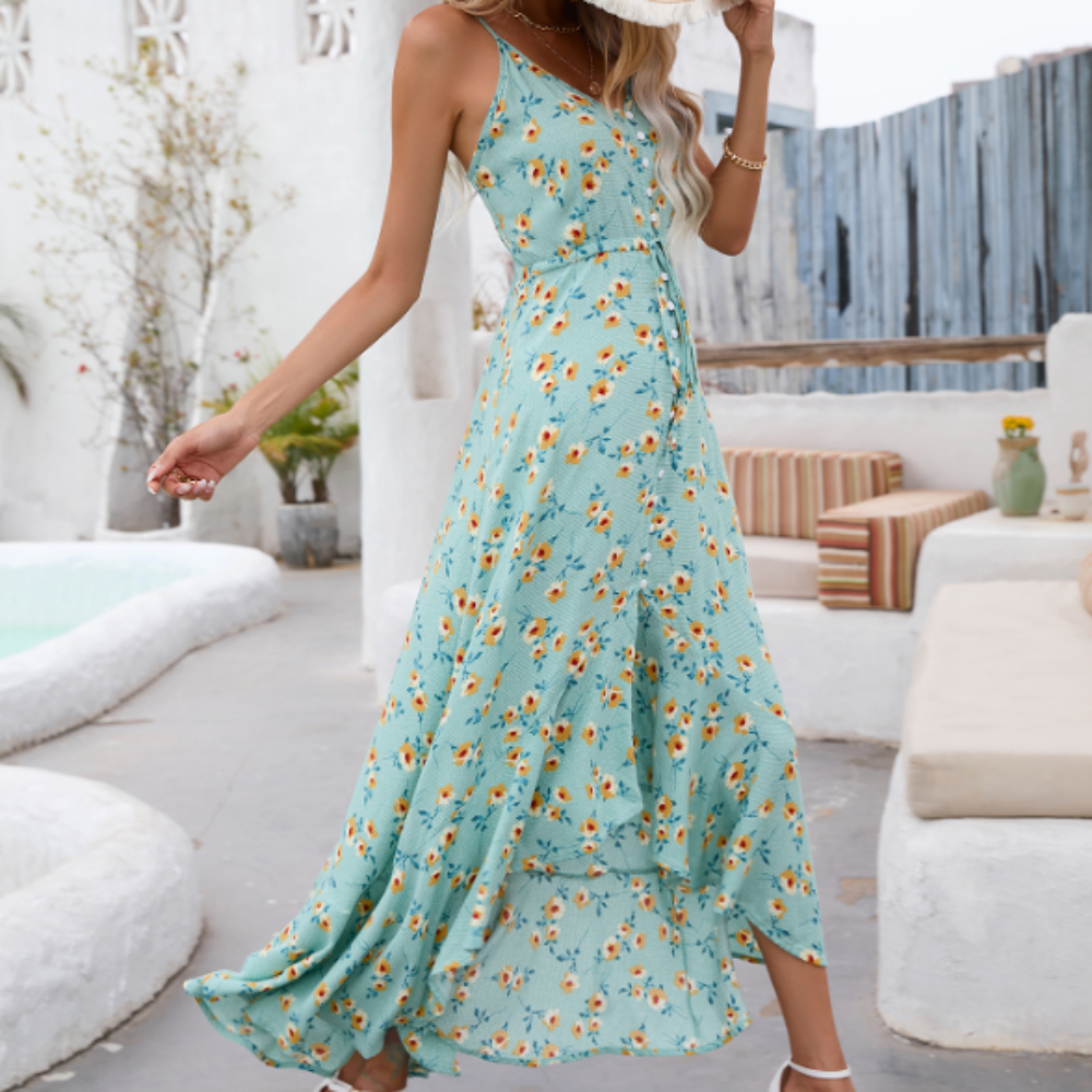 Uneven Floral Maxi Dress With Spaghetti Strap