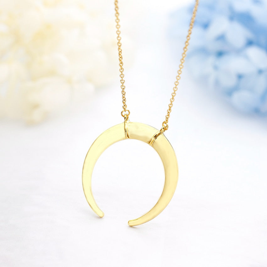 Statement Horn Crescent Moon Pendant Long Chain