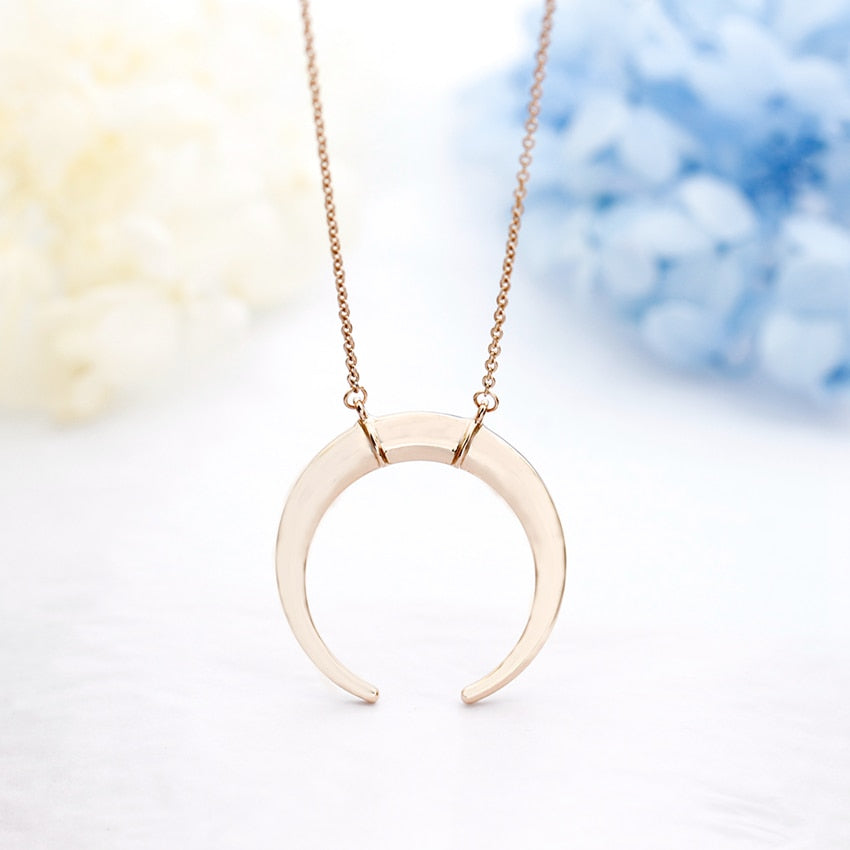 Statement Horn Crescent Moon Pendant Long Chain