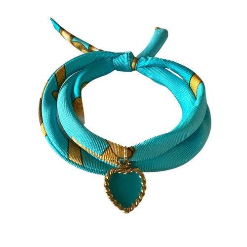 Turquoise Hand Printed Silk Twill Bracelet Sterling Silver Gold Plated