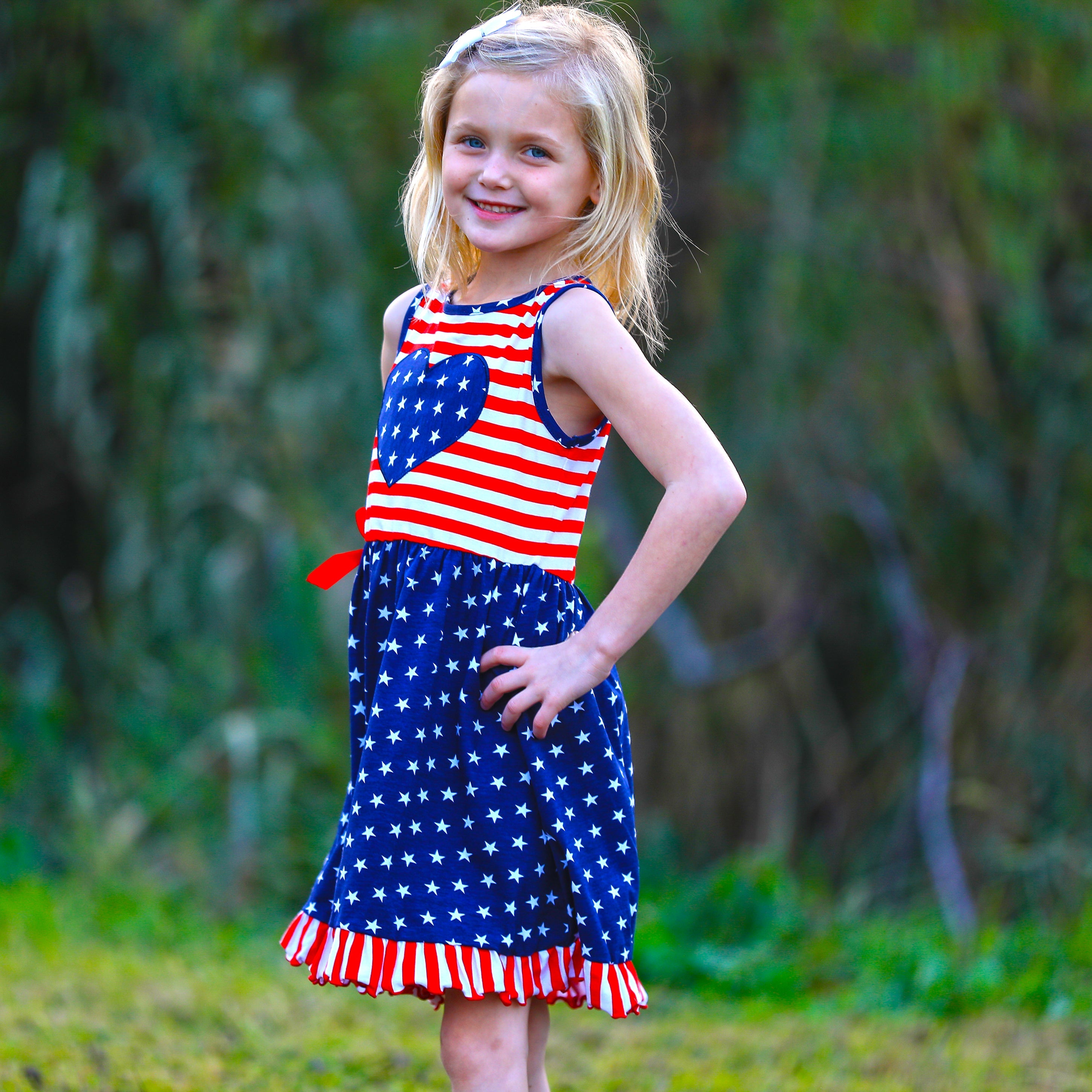 AnnLoren Girls 4th of July Stars & Striped Heart Dress Red White &