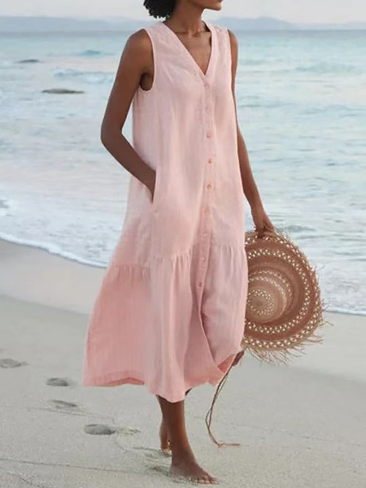 V-Neck Sleeveless Summer Cardigan Dress