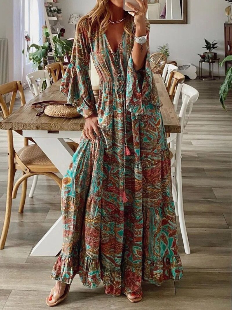 Bohemian Floral Print Long Sleeve Dress