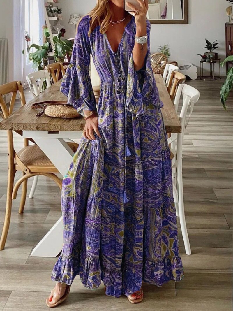 Bohemian Floral Print Long Sleeve Dress