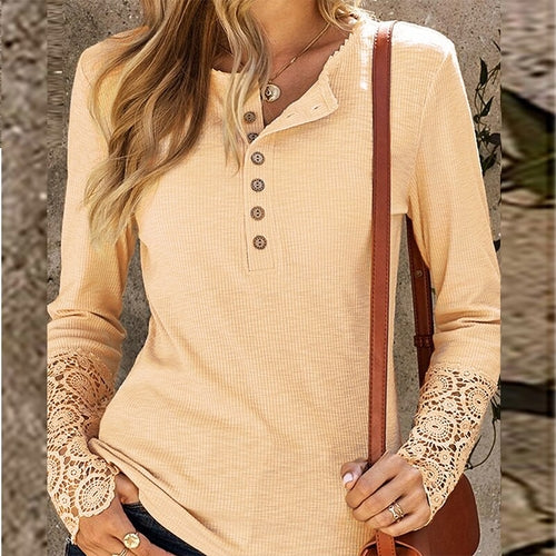 Long Sleeve Ribbed Shirt Top Fashion Patchwork Lace Long Sleeve Slim