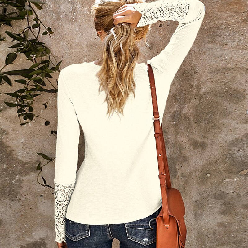 Long Sleeve Ribbed Shirt Top Fashion Patchwork Lace Long Sleeve Slim