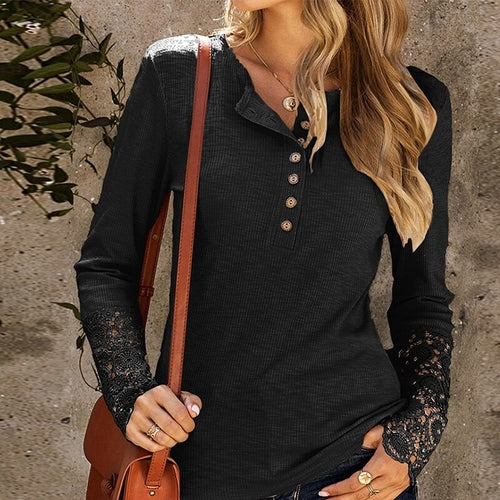 Long Sleeve Ribbed Shirt Top Fashion Patchwork Lace Long Sleeve Slim