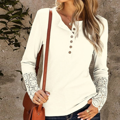 Long Sleeve Ribbed Shirt Top Fashion Patchwork Lace Long Sleeve Slim