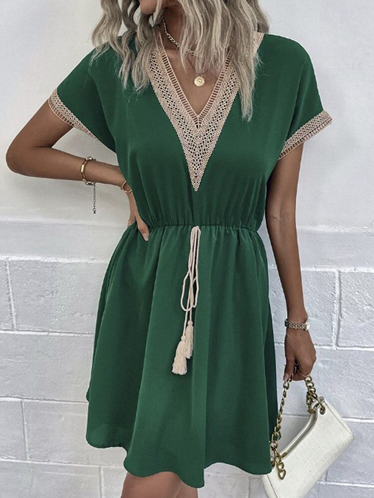 Bohemian V Neck Lace Up Stitching Midi Women's Dress