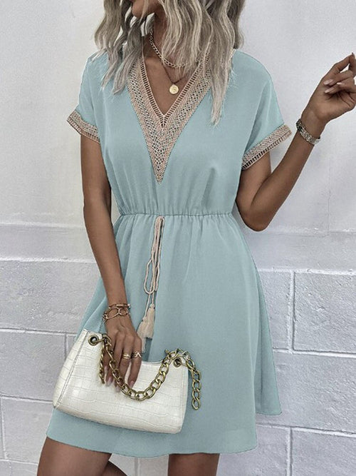 Bohemian V Neck Lace Up Stitching Midi Women's Dress