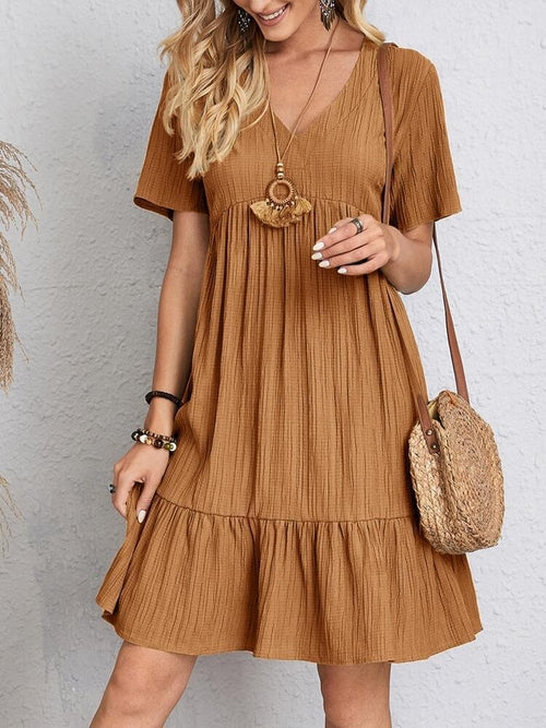 Bohemian V Neck Lace Up Stitching Midi Women's Dress