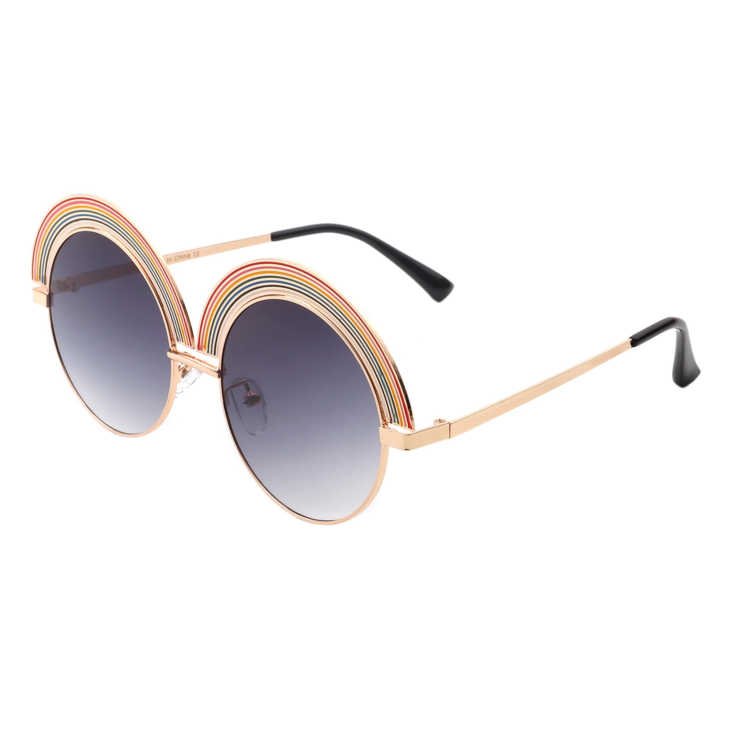 Rainbow Top Sunglasses Gold Round Circle Oversized Festival Shades UV 400 Smoke