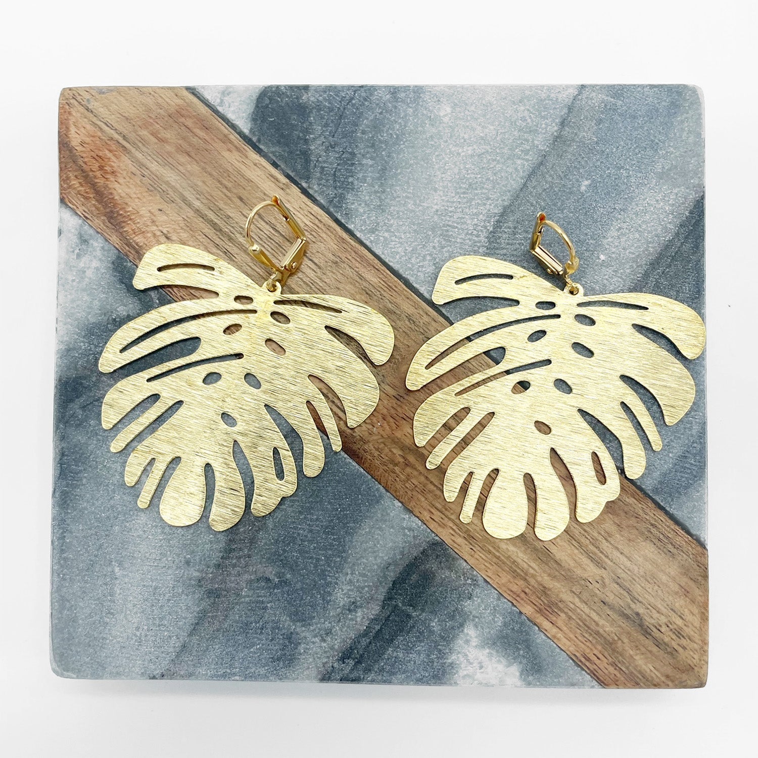 Monstera Dangle Statement Earrings in Brushed Brass