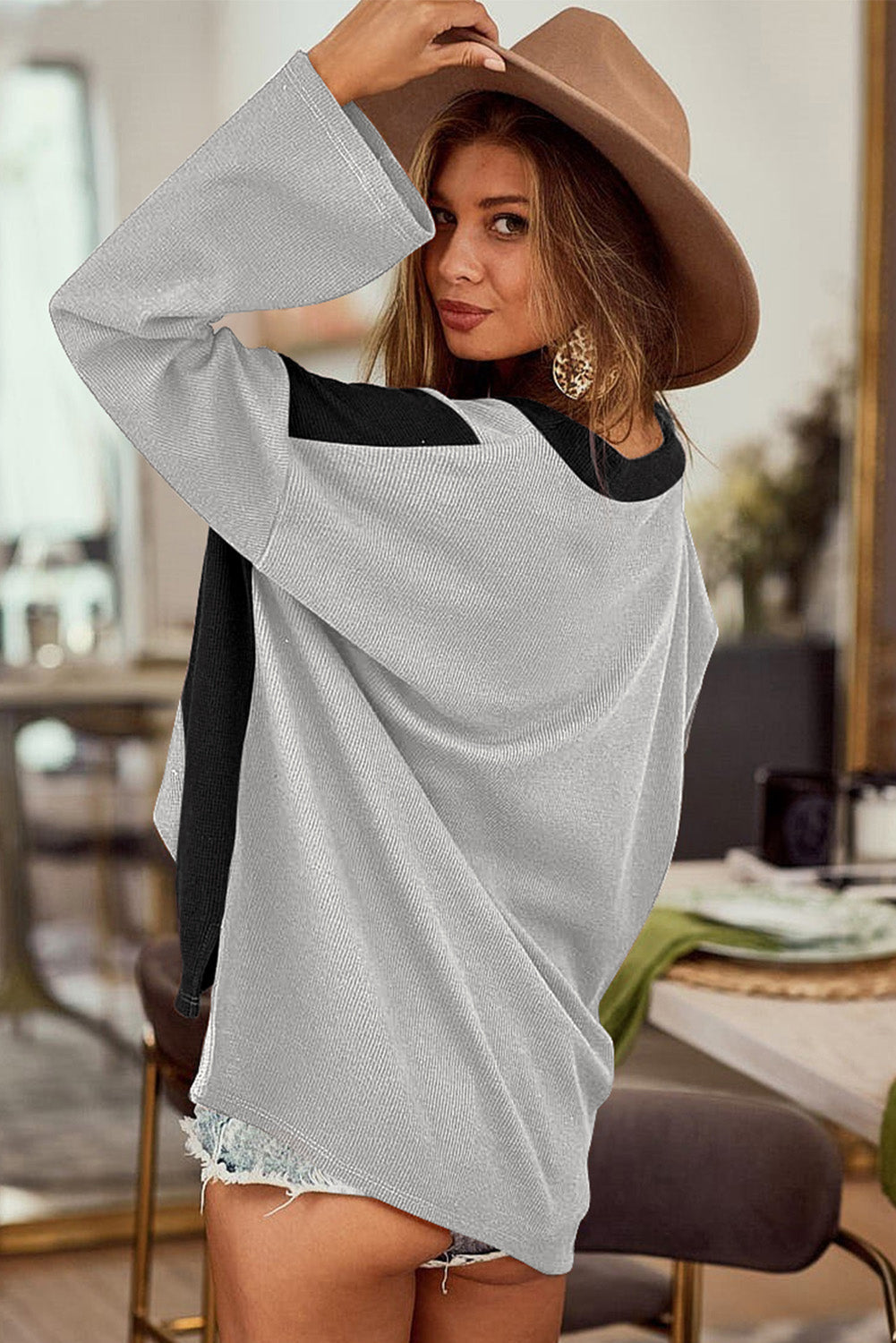 Black Colorblock Long Sleeve V Neck Top