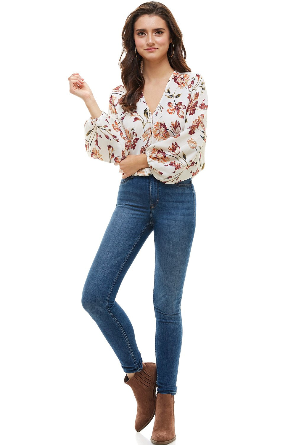 Floral Wide Sleeve Surplice Blouse