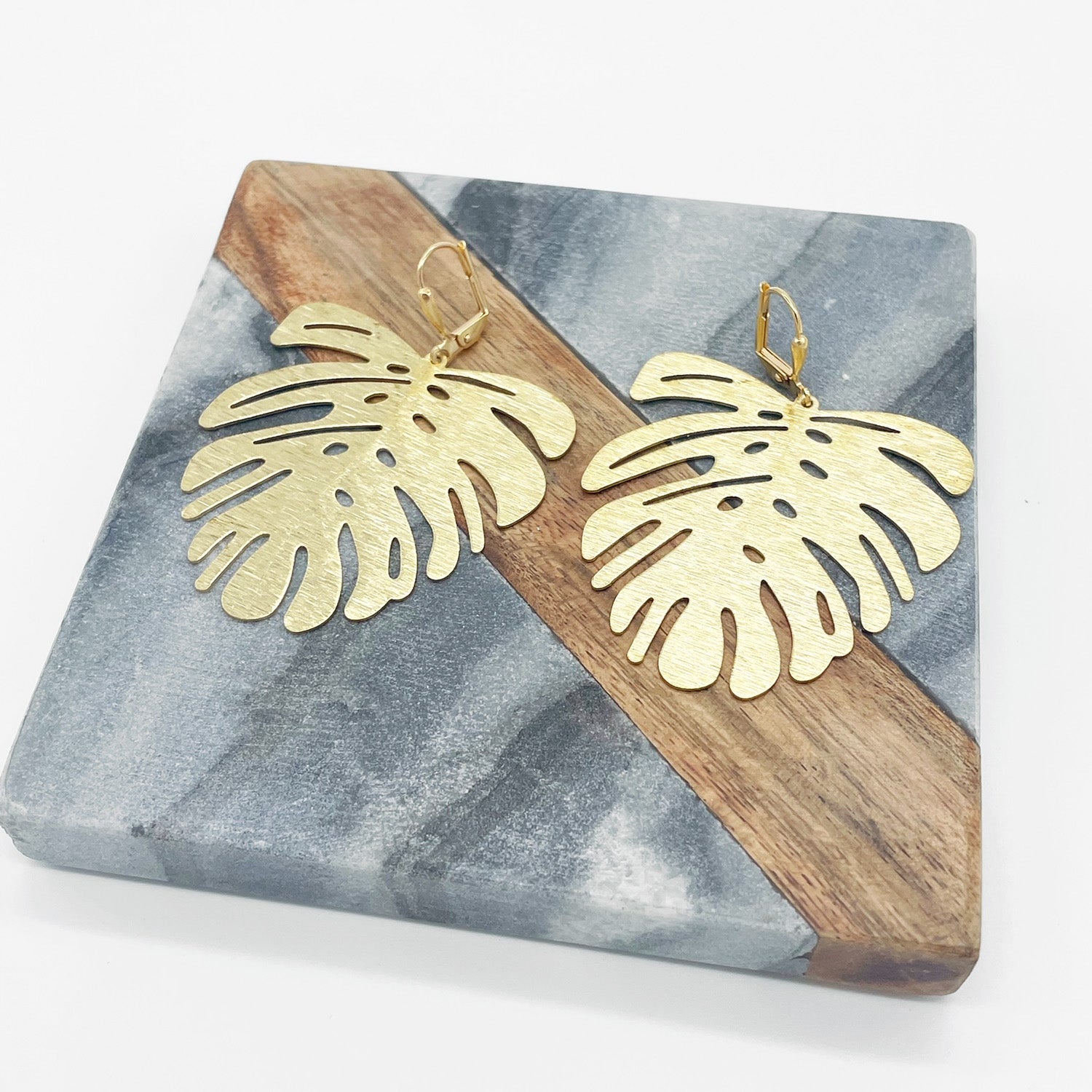 Monstera Dangle Statement Earrings in Brushed Brass