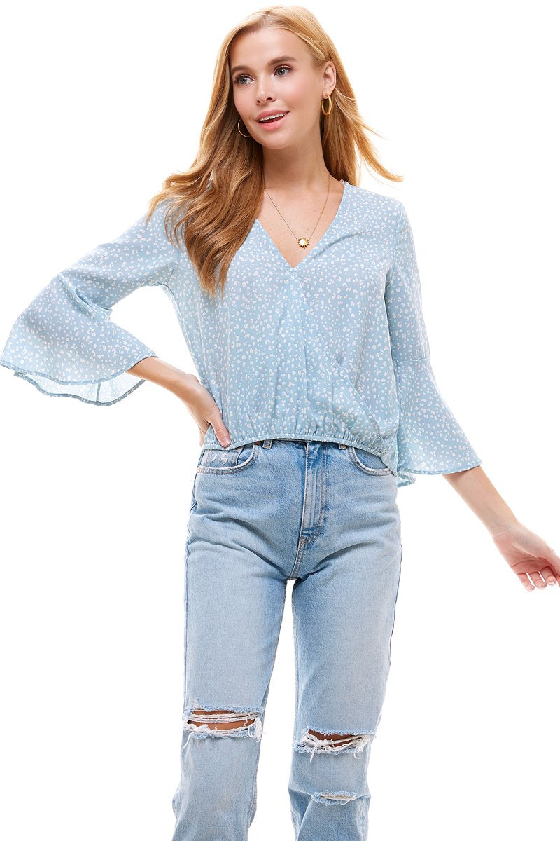 Geo Dot Print Surplice Bell Long Sleeve Blouse Top