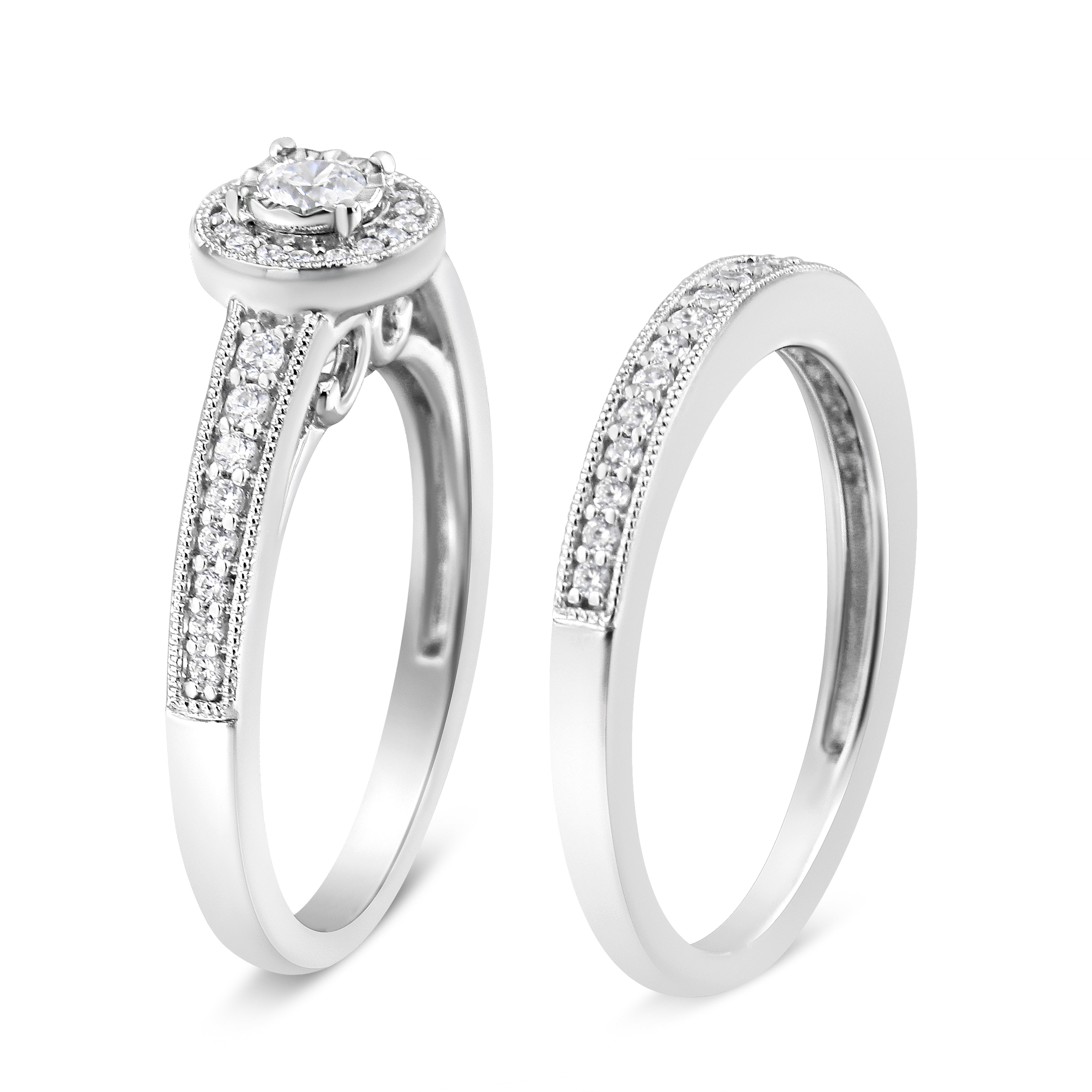 .925 Sterling Silver 1/2 Ctw Diamond Halo and Milgrain Engagement Ring Bridal Set (I-J Color, I3 Clarity) - Ring Size 7